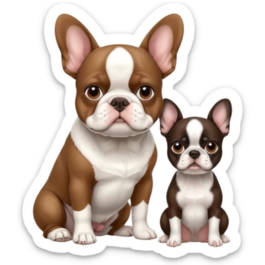 All pure white French bulldog sitting next to skinny brown Boston terrier sticker