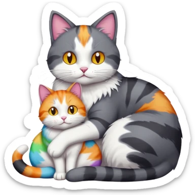full body large dark grey and white cat cuddling a colourful light patched calico + white tabby cat  sticker