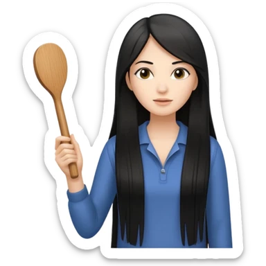 A white woman with long, straight black hair, holding a wooden paddle hairbrush in her left hand and spraying a hair mist bottle with her right hand toward her hair. sticker