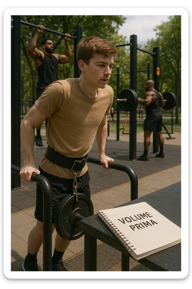 Atleta neofita giovane in un parco attrezzato per streetlifting, fisico ancora in fase iniziale. È intento a eseguire molte ripetizioni di esercizi a corpo libero con pesi leggeri (zavorra moderata), come trazioni e dip su parallele. Accanto a lui un taccuino di allenamento con la scritta 'Volume Prima'. L’atmosfera è luminosa e motivante, con altri atleti più muscolosi che sollevano carichi pesanti, ma lui è concentrato sul gesto tecnico e sulla costanza. Stile realistico, colori naturali, messaggio educativo su priorità all’adattamento progressivo e al volume. sticker