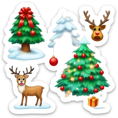 snowy christmas tree with red balls and lights with a star on top and presents underneath and a reindeer with santa claus next to it sticker