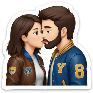 A brunette girl with a letterman jacket kissing a brunette boy with a beard and leather jacket  sticker