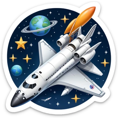 An icon featuring a space shuttle and an airplane against a starry sky, symbolizing aerospace technology. The design includes rocket boosters and satellite orbits, representing the exploration of space and advanced aviation. Transparent background sticker