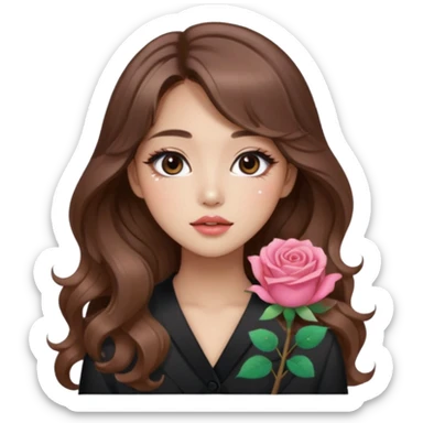 “korean brown hair Emoji girl, soft eyeliner, gradient rose lips, light brown shimmer eyeshadow, sparkly aegyo-sal, long wavy hair,  sticker