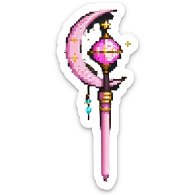 Sailor Moon's Moon Stick, a pink wand with a golden crescent moon on top and a magical pink crystal sticker