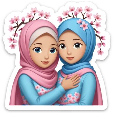 Two sister hugs Turkish girls beautiful finish Konya blue eyes with cherry blossom hijab and heart dress and hugs  sticker
