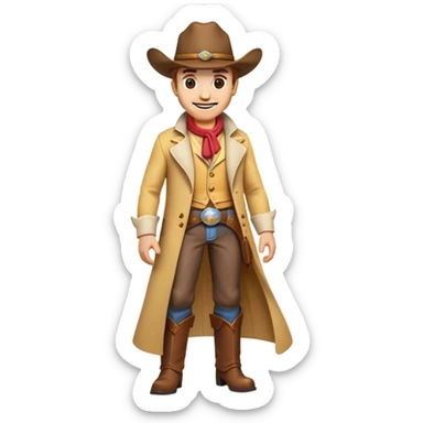 Clash of Clans aesthetic Cheerful Cowboy Portrait Emoji, With a bright, confident smile and a relaxed, adventurous stance, showcasing a stylized, spirited build in a duster coat and classic hat, his face rendered in natural skin tone, Simplified yet expressive features, highly detailed, glowing with a soft, golden western radiance, high shine, upbeat and daring, stylized with an air of classic cowboy allure, soft glowing outline, capturing the essence of a cheerful cowboy ready to gallop into epic adventures! sticker