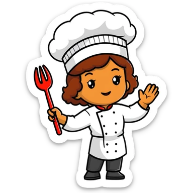 Light brown skinned mixed-race female chef with medium-length curly brown hair, wearing a chef's hat (toque), with both an angel halo and devil horns on her head sticker