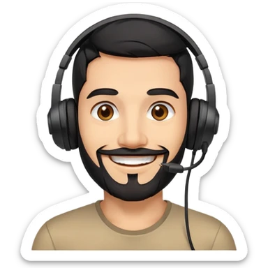 Happy smiling man with black hair, brown eyes, black beard wearing a gaming headset sticker