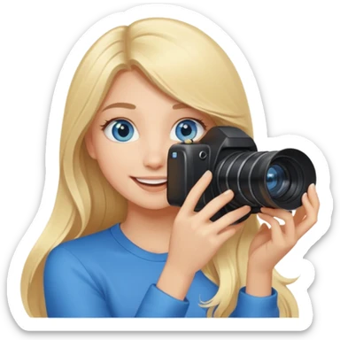  blue eyes blonde girl photographer cartoon taking picture in middle of taking picture camera in front of face long hair smiling funny flash professiona sticker