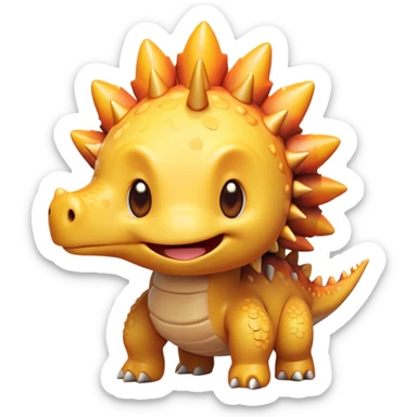 Cinematic Cute Stegosaurus Portrait Emoji, Head tilted playfully with a cheeky grin, featuring a charming, low-profile body with iconic, rounded bony plates and a spiky tail, a small head with sparkling, curious eyes, Simplified yet irresistibly adorable features, highly detailed, glowing with a warm, inviting earthy glow, high shine, affectionate and spirited, stylized with a touch of whimsical prehistoric charm, soft glowing outline, capturing the essence of a mischievous yet endearing Stegosaurus that seems as if it could waddle out of the screen into your arms! sticker