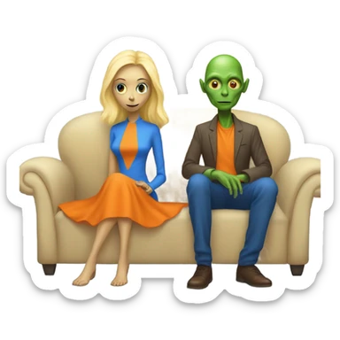 blonde alien reptilian woman in orange dress and humman man in blue, sitting on a couch  sticker