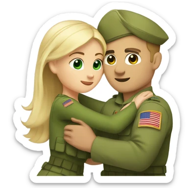 girl with blonde hair and green eyes, hugging military guy with short brown hair sticker