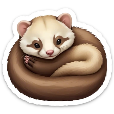 Meme-Worthy Cute Sleeping sable ferret Portrait Emoji, Head resting peacefully with a contented smile, showcasing a long, flexible body curled up in cozy repose, luxuriously soft fur in warm brown and cream, and eyes gently closed in serene slumber, Simplified yet hilariously adorable features, highly detailed, glowing with a soft, drowsy natural light, high shine, relaxed and utterly lovable, stylized with an air of playful laziness, bright and heartwarming, soft glowing outline, capturing the essence of a sleeping sable ferret that feels destined to become the next viral sensation of adorable rest! sticker