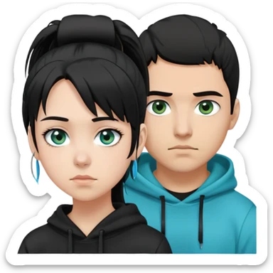 A dark-haired Latino guy with a short fringe falling forward and a black hoodie, standing next to a very pale girl with black hair, greenish-blue eyes, and a ponytail, with two strands of hair framing her face sticker