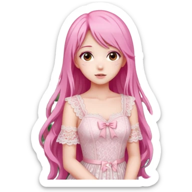 pastel anime woman with pink and white lace dress full body and long hair in a rose garden background sticker