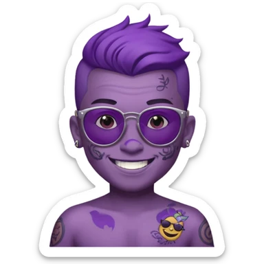 a boy with purple skin and sunglasses that has a tattoo on his forehead that says “gu4nto” sticker