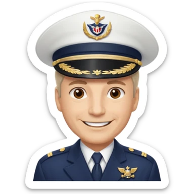 A light-skinned mid-aged man with brown eyes, smiling while wearing a white captain’s hat with a navy emblem. sticker