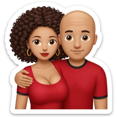 A picture of a tanned couple embracing. the guy is Mexican, with a bald hair cut and he is wearing a red shirt. the girl is mixed, the girl is wearing a black shirt, the girl has brown curly big hair and with big boobs  sticker