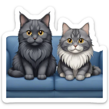 Portrait of a black smoke Maine Coon cat with long grey ear tufts, alongside a British Shorthair cat with a solid blue coat on sofa. Both cats with detailed fur textures and playful expressions. Soft, elegant background of room with flowers and natural tones. Transparent background. sticker