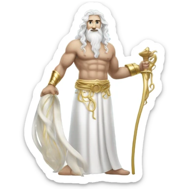 white man Poseidon. long white hair white dress. with gold hoses sticker