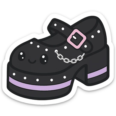 Add silver studs and chains to the primarily black kawaii gothic shoes with pink and pastel accents, no socks, no hearts, transparent background sticker