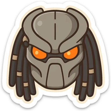 Chibi Yautja (Predator) mask with an angry expression, simplified and bold for emoji use, clear outline, minimal detail, large eyes, no background sticker