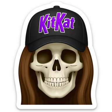 Create a skeleton head wearing a black baseball cap that says " Kit Kat " in purple, and white lettering, with long brown hair sticker