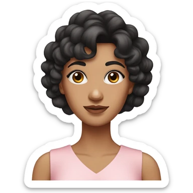 White woman with long black curly hair and bangs and dark brown eyes, wearing a pastel pink dress sticker