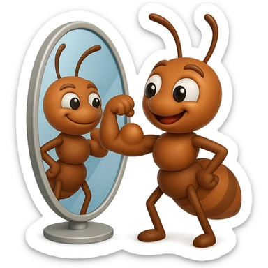 EMOJI STILE IPHONE 3D DI una formica che si guarda allo specchio felice e sicura di sè mentre contrae il suo bicipite muscoloso, fagli anche la parte bianca degli OCCHI, non solo la pupilla sticker