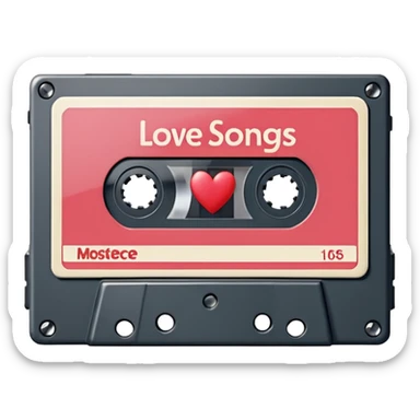 Isolated, rendering, vintage style music cassette tape, vintage appearance white label that reads "love songs" on front label, masterpiece.  sticker