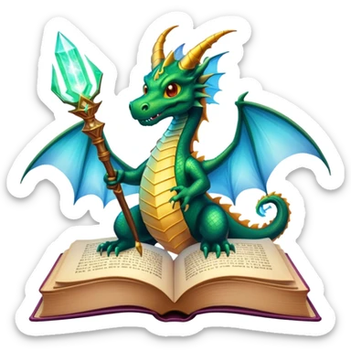 Icon for Fantasy and Sci-Fi Literature: a magical book with glowing pages, surrounded by a dragon, a spaceship, and a wizard with a staff. The icon should capture the adventurous and imaginative world of fantasy and science fiction. Transparent background. sticker