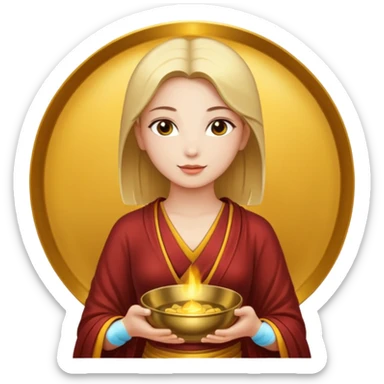 A woman holds a Buddhist bowl in her hands. There is a glow around the girl. sticker