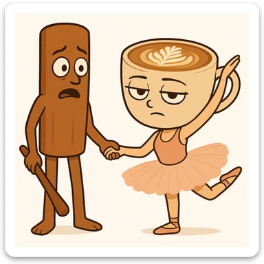 Edit the coffee cup character to have a 'whatever' expression and the cinnamon stick character to have a surprised expression, keeping the same quality and style as the reference image. sticker