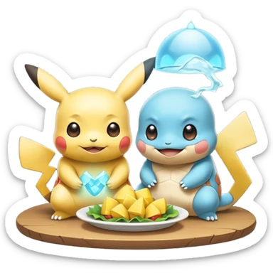  Pikachu has a light to share, but Squirtle has none. Pikachu sees this is unfair, so he shares the light with Squirtle. They smile and eat together. Show this as a cute Pokémon emoji scene about justice and fairness.

 sticker