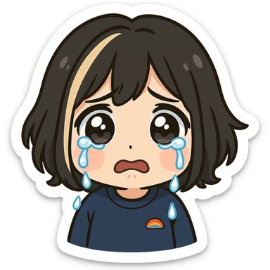 Edit this exact chibi girl in the same anime chibi style, keeping the face, hair, and outfit identical. Add big teary eyes, tears streaming down her cheeks, and a sad expression to make her look like she is crying. The background should be transparent and the image sized for Twitch emoji use. sticker