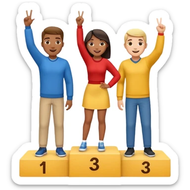 winners podium with three multi-racial people, center step higher, no numbers, all in relaxed fun clothes, center person raises one finger on each hand, cheerful fun expressive emoji style sticker