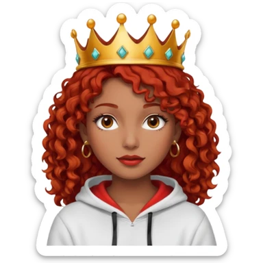 Slim girl with a fine face, dark chocolate-colored and tanned skin, medium-length curly tomato-red hair, dark eyes, medium-thick eyelashes, and a crown and hoop earrings wearing a white hooded sweatshirt.
 sticker
