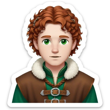 Medieval winter outfit worn by a DnD themed fantasy male character. Rich brown leather-trimmed wool tunic with sheepskin lining, featuring intricate metal buckles at the collar, paired with a heavy braided belt. Clothes only above the waist, full waist coverage. The character has no arms. Character is white-skinned with auburn hair, emerald green eyes, and short curly hair beneath a light dusting of snow. sticker