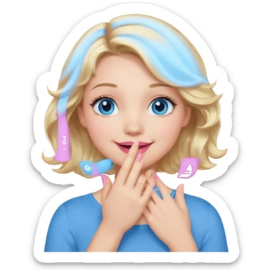 Girl Blonde short wavy hair,  blue eyes, cute blue top, long lashes, pink lips, smiling, hand covering the mouth sticker