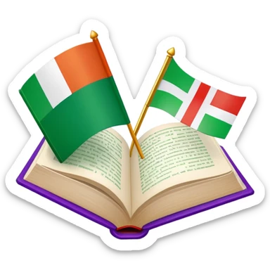 Italian to English dictionary book cover with correct Italian flag and extremely wrong British flag with completely incorrect colors like purple and orange or wrong symbols sticker