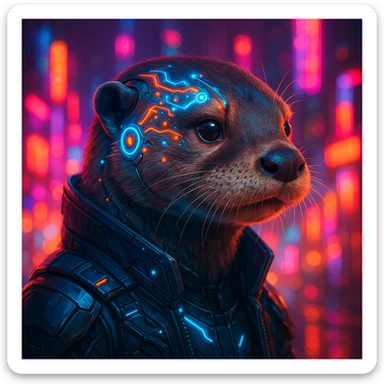 futuristic otter portrait, glowing neural implants, neon city lights, cyberpunk aesthetic sticker
