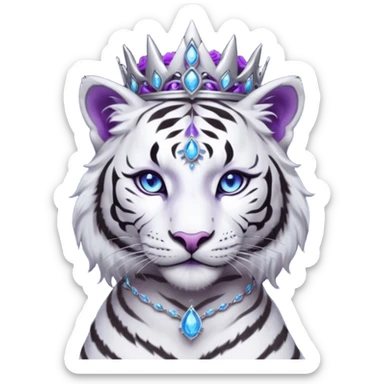 ESO Female white/black tiger khajiit leader of the umbral rose, glowing blue eyes, glowing blue 'third eye' gem; beautiful purple gemmed silver tiara sticker