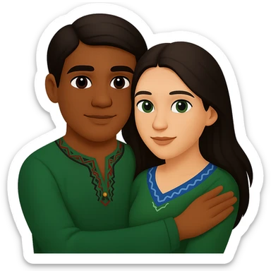 Edit the image in apple emoji style with no background. Change the man to have a darker skin tone, short hair, and brown eyes. Keep the woman with long dark hair and green eyes. Depict a young Métis man and young white woman in a loving embrace. sticker