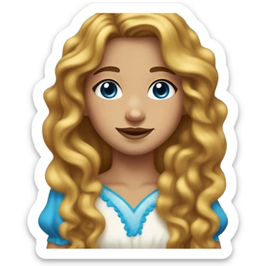 girl with long wavy brown hair, 1 white vitiligo strand of hair, blue eyes, fair skin, freckles, dimples and yellow dress sticker
