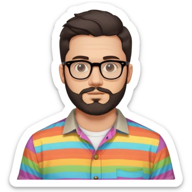 a 30-year-old man with light skin, medium solid build, wide face, soft cheeks, rounded jawline, neutral relaxed expression, short dense full beard, wavy voluminous brown-black hair at the front, large rectangular black thick frame glasses, colorful button-up shirt open showing white t-shirt sticker