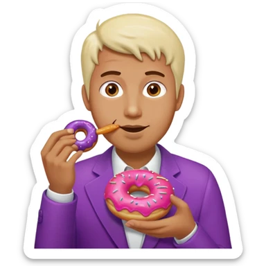 A man eating a pink donut and an eggplant covered in white sauce sticker