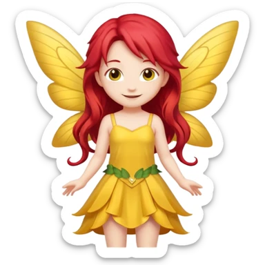 fairy with long red hair, yellow wings, yellow dress, happy, chibi full body sticker