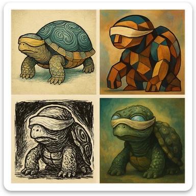 blind turtle, various artistic styles, creative and unique visual interpretations sticker