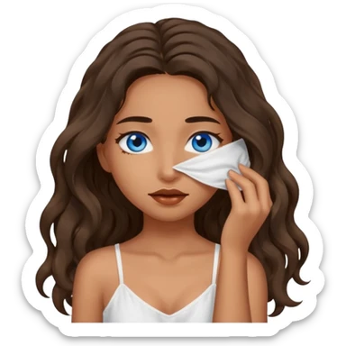 Girl with olive skin, blue eyes, brown dark insanely wavy long hair, white camisole, covering eyea sticker